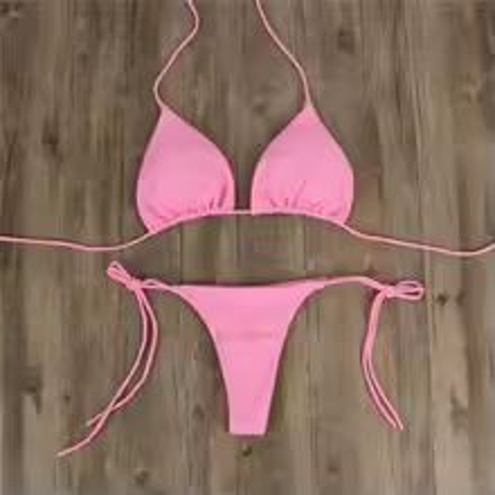 Solid Pink HighLeg Thong Bikini Set For Women Sexy 2Piece Beachwear Swimwear 10