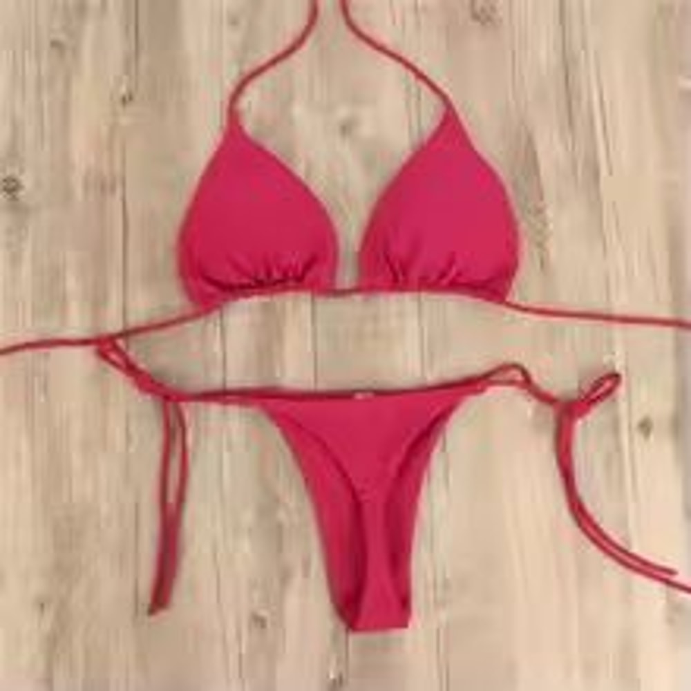 Solid Pink HighLeg Thong Bikini Set For Women Sexy 2Piece Beachwear Swimwear 4