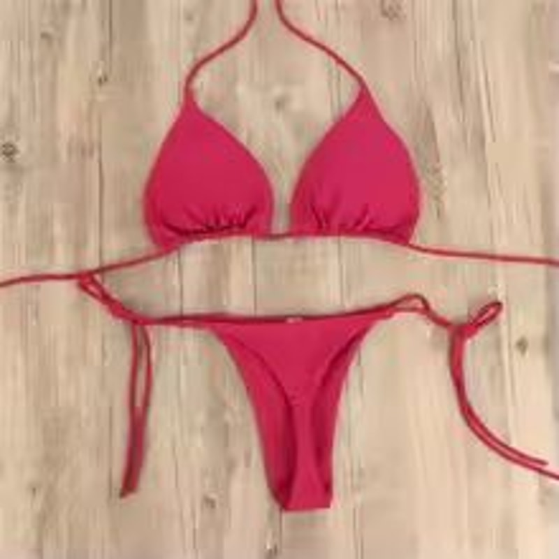 Solid Pink HighLeg Thong Bikini Set For Women Sexy 2Piece Beachwear Swimwear 7