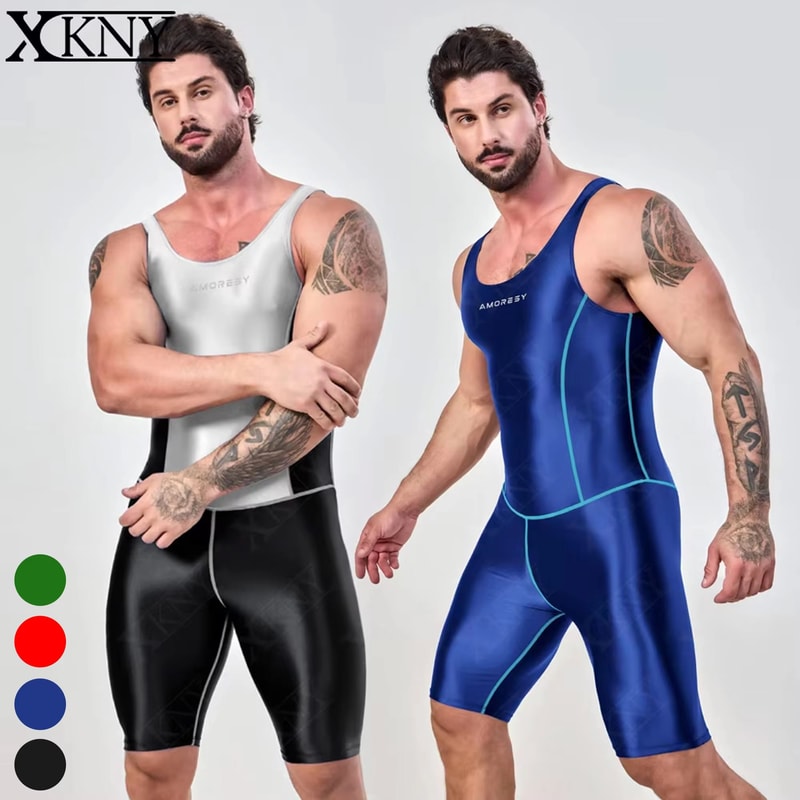 AMORESY Mens Satin Smooth Sports Jumpsuit Shiny Activewear Surfing Yoga Bodysuit 0
