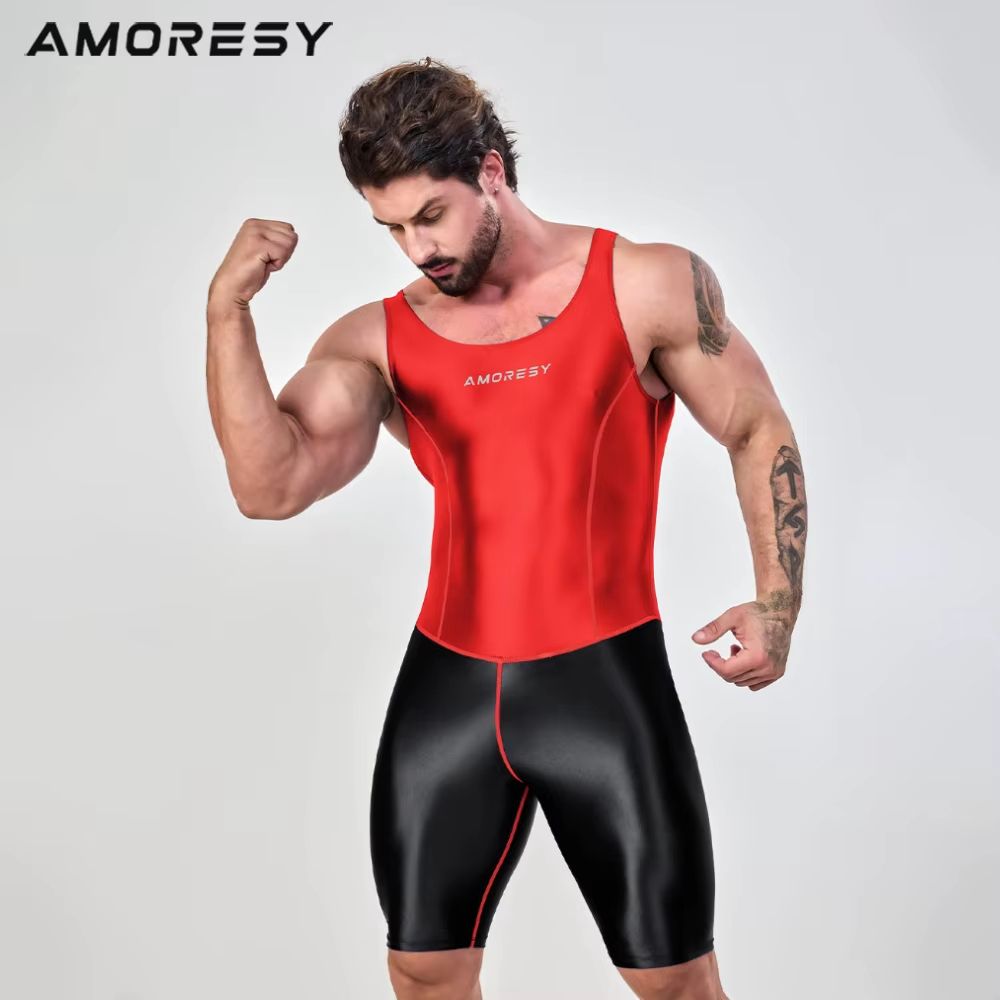 AMORESY Mens Satin Smooth Sports Jumpsuit Shiny Activewear Surfing Yoga Bodysuit 1