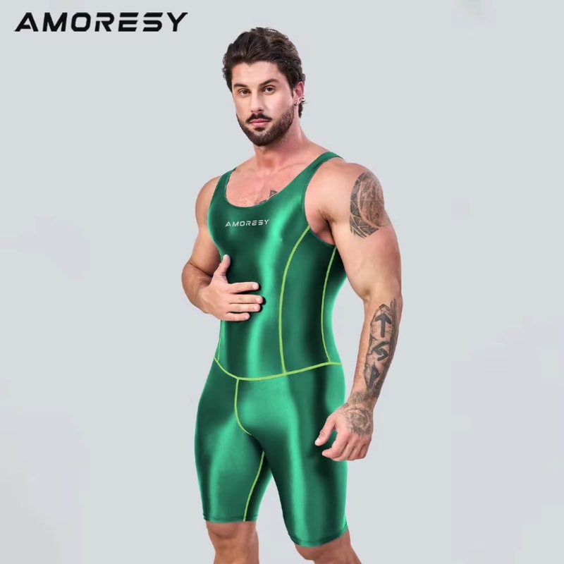 AMORESY Mens Satin Smooth Sports Jumpsuit Shiny Activewear Surfing Yoga Bodysuit 2
