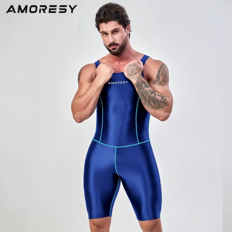 AMORESY Mens Satin Smooth Sports Jumpsuit Shiny Activewear Surfing Yoga Bodysuit 4