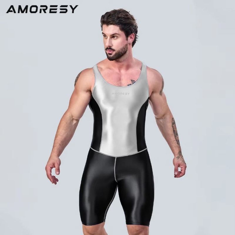 AMORESY Mens Satin Smooth Sports Jumpsuit Shiny Activewear Surfing Yoga Bodysuit 5