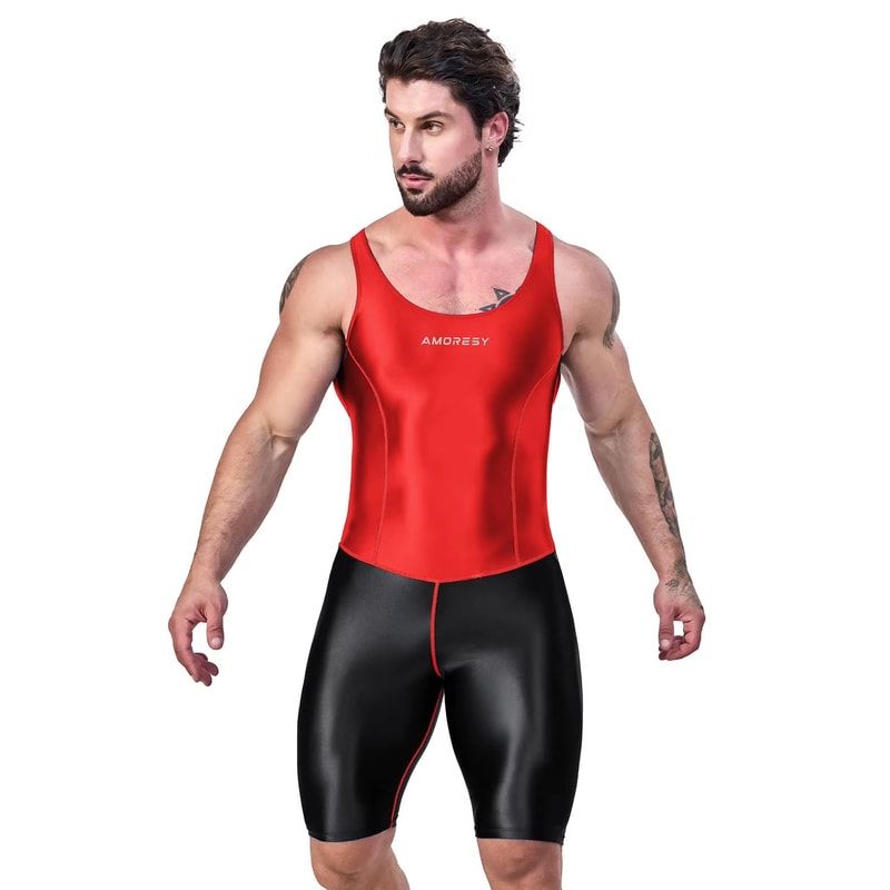 AMORESY Mens Satin Smooth Sports Jumpsuit Shiny Activewear Surfing Yoga Bodysuit 8