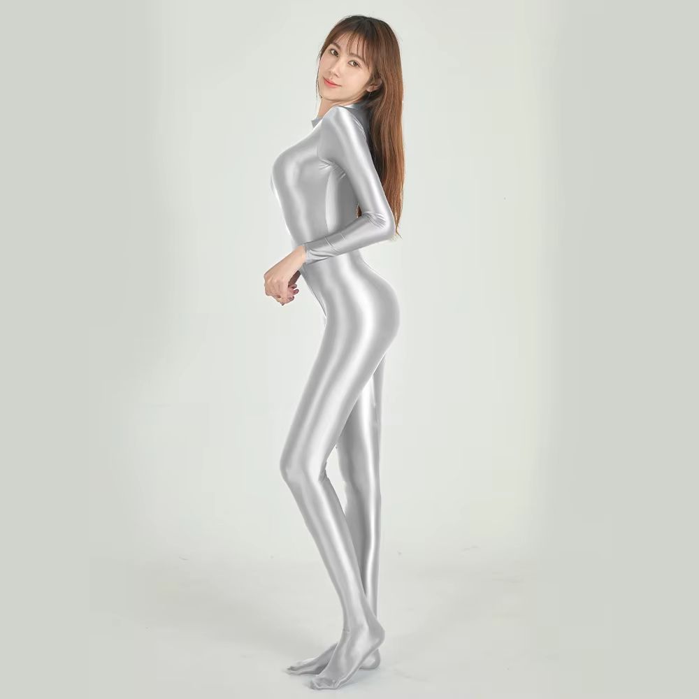 AMORESY Satin LongSleeve FullLength Oil Tights Yoga Bodysuit Smooth Sport Jumpsuit For Men And Wome 1