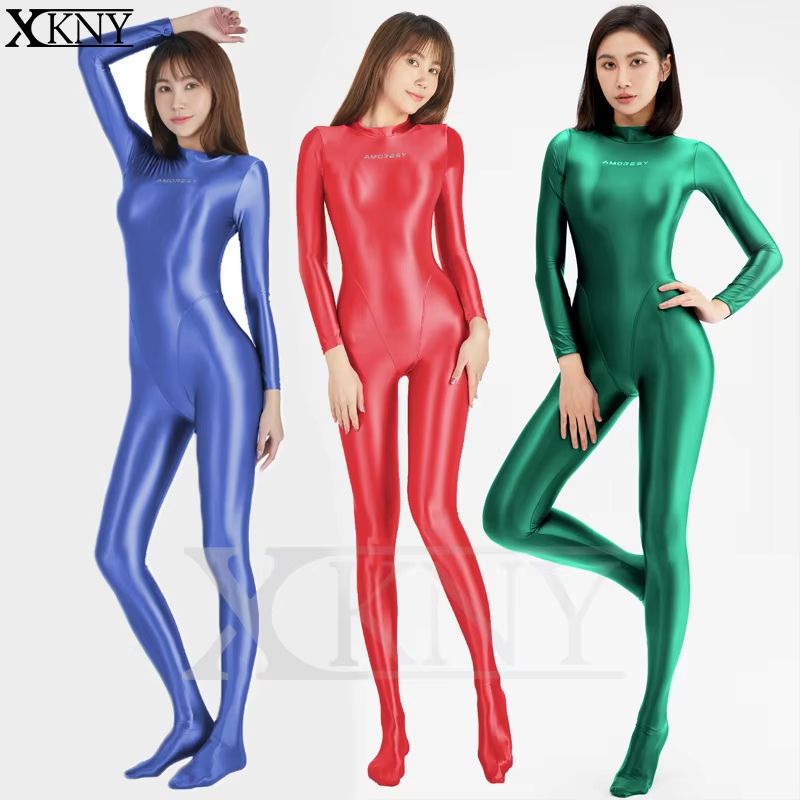 AMORESY Satin LongSleeve FullLength Oil Tights Yoga Bodysuit Smooth Sport Jumpsuit For Men And Wome 4