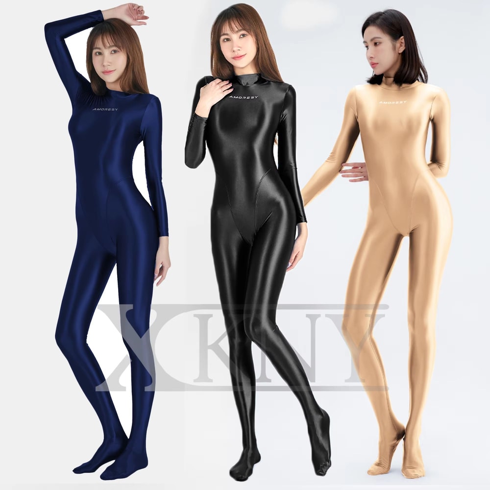 AMORESY Satin LongSleeve FullLength Oil Tights Yoga Bodysuit Smooth Sport Jumpsuit For Men And Wome 5