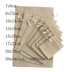 jute drawstring gift bags 50 pack, cotton linen jewelry pouches in 3 sizes