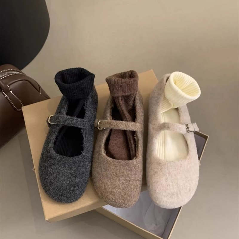 Cozy Square Toe Fleece Ballet Flats With Mary Jane Strap For Women 2