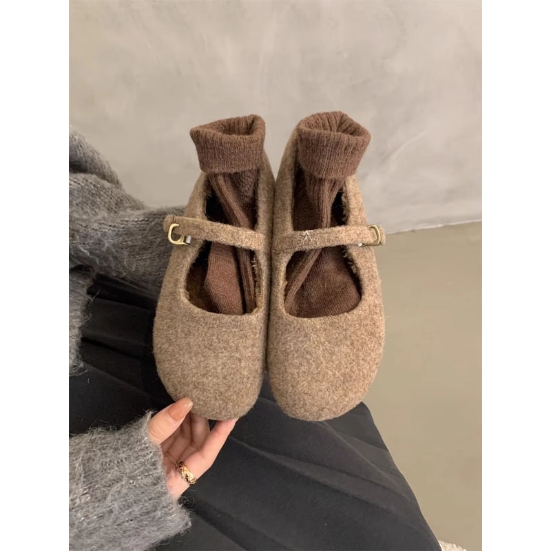 Cozy Square Toe Fleece Ballet Flats With Mary Jane Strap For Women 7