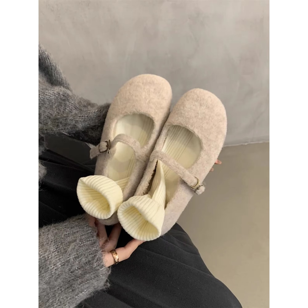Cozy Square Toe Fleece Ballet Flats With Mary Jane Strap For Women 8