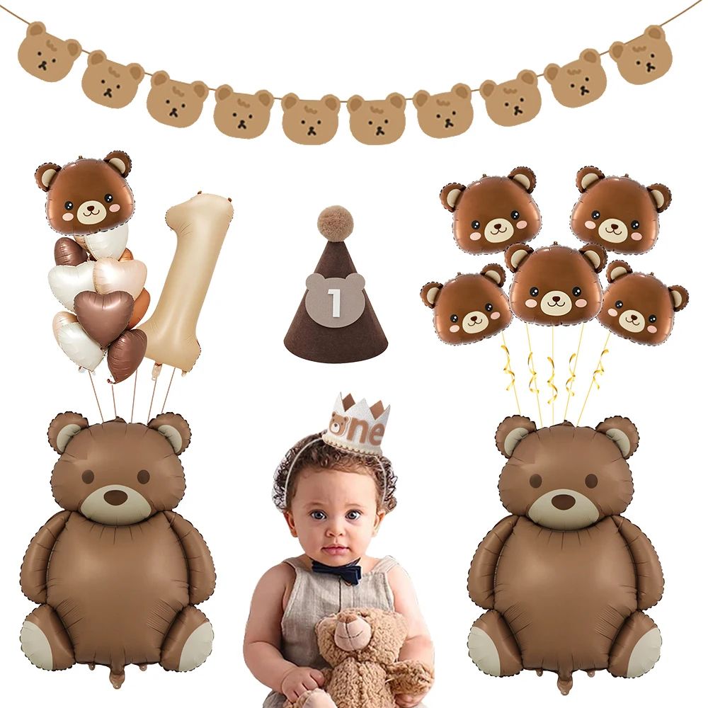 Coffee Brown Teddy Bear Balloon And Number Heart Balloon Set Party Decorations 0