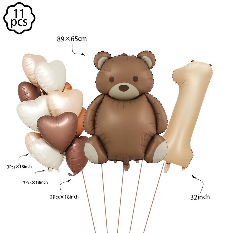 Coffee Brown Teddy Bear Balloon And Number Heart Balloon Set Party Decorations 22