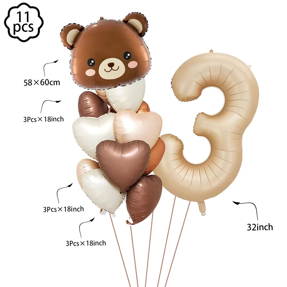 Coffee Brown Teddy Bear Balloon And Number Heart Balloon Set Party Decorations 24