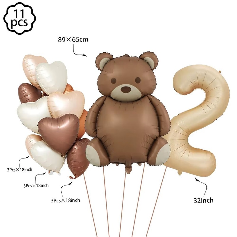 Coffee Brown Teddy Bear Balloon And Number Heart Balloon Set Party Decorations 25