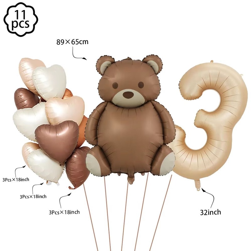 Coffee Brown Teddy Bear Balloon And Number Heart Balloon Set Party Decorations 26