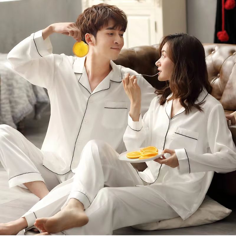 Silk Satin Couples Pajama Set Luxury Long Sleeve Button Down Sleepwear For Women And Men 0