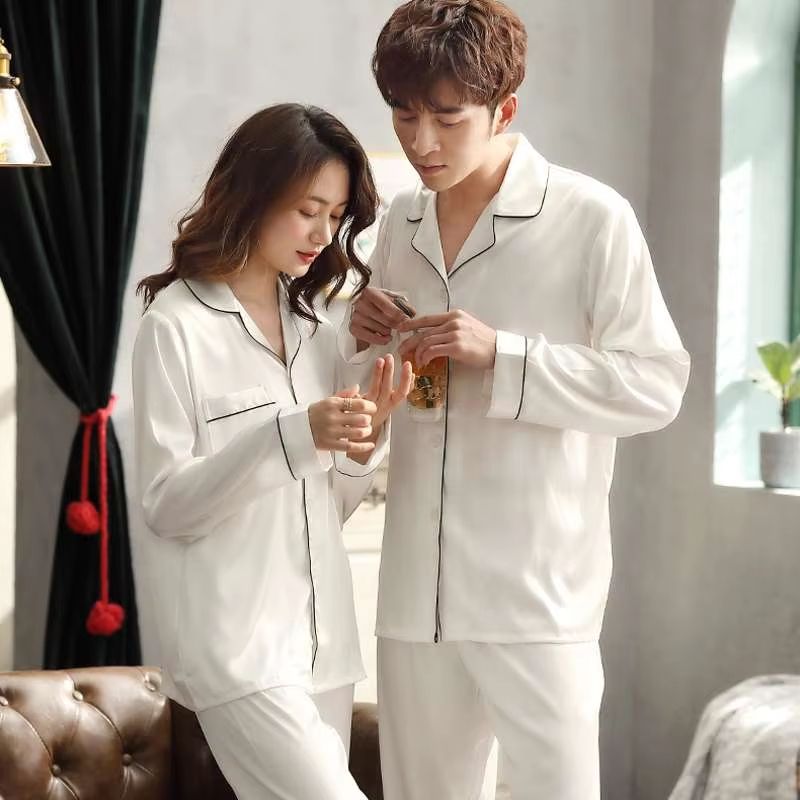 Silk Satin Couples Pajama Set Luxury Long Sleeve Button Down Sleepwear For Women And Men 2