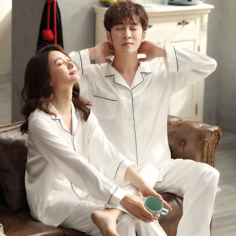Silk Satin Couples Pajama Set Luxury Long Sleeve Button Down Sleepwear For Women And Men 3