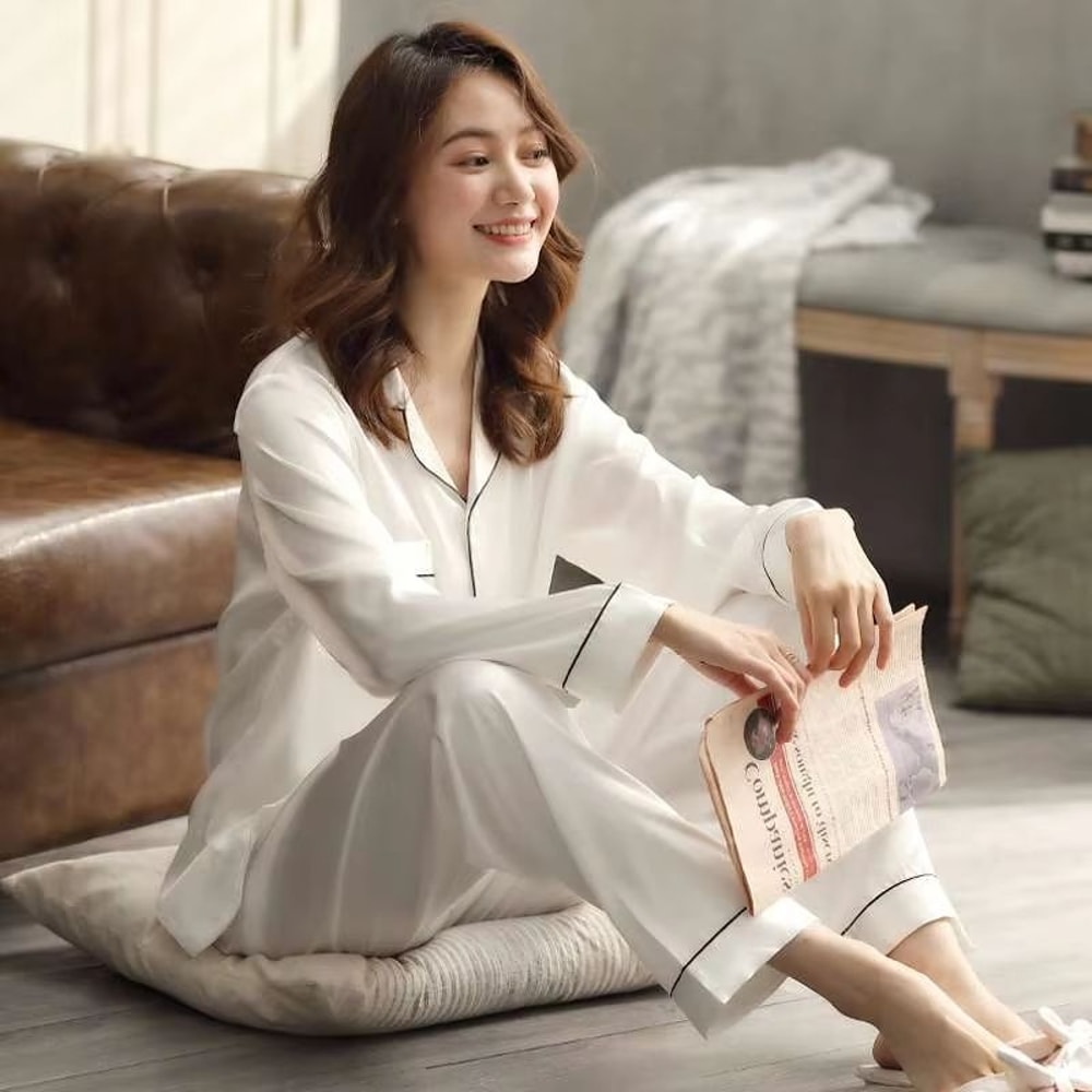 Silk Satin Couples Pajama Set Luxury Long Sleeve Button Down Sleepwear For Women And Men 6