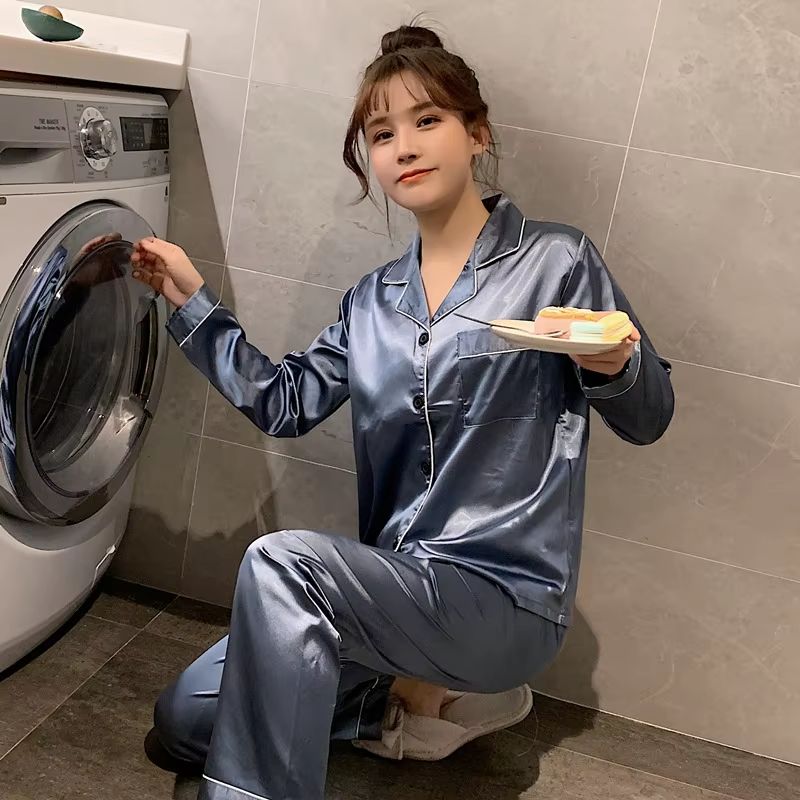 Silk Satin Couples Pajama Set Luxury Long Sleeve Button Down Sleepwear For Women And Men 17