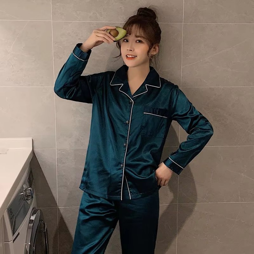 Silk Satin Couples Pajama Set Luxury Long Sleeve Button Down Sleepwear For Women And Men 19