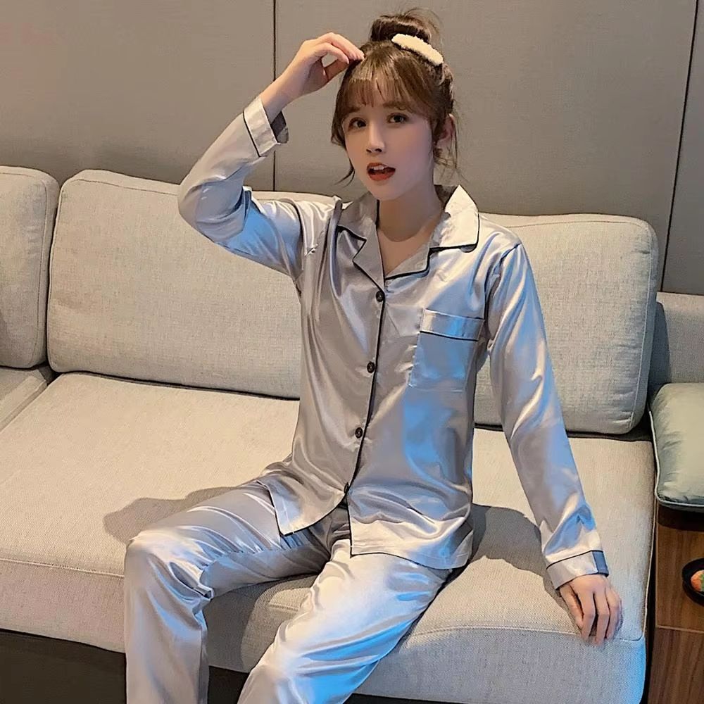 Silk Satin Couples Pajama Set Luxury Long Sleeve Button Down Sleepwear For Women And Men 20