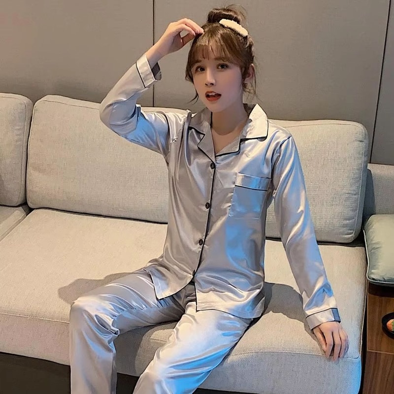 Silk Satin Couples Pajama Set Luxury Long Sleeve Button Down Sleepwear For Women And Men 20