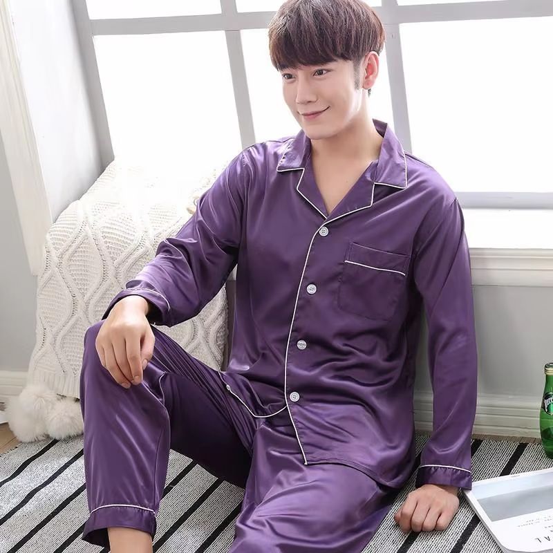 Silk Satin Couples Pajama Set Luxury Long Sleeve Button Down Sleepwear For Women And Men 25