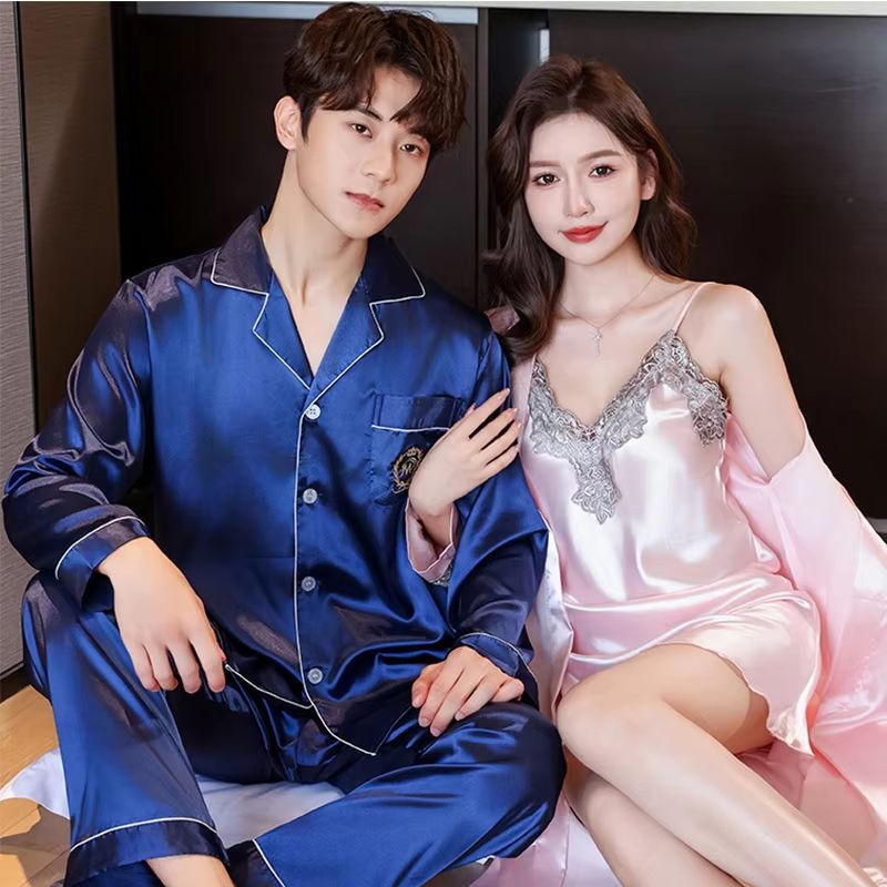 Luxury Silk Satin Couples Nightwear Set Women Sexy Nightdress With Men Long Sleeve Pants Robe Sle 9