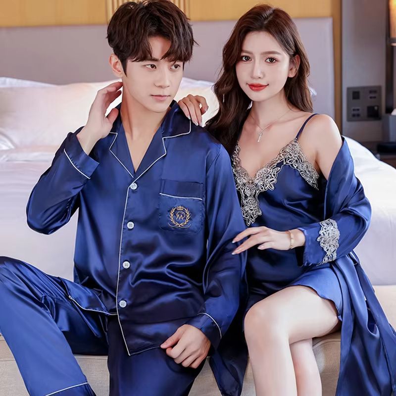 Luxury Silk Satin Couples Nightwear Set Women Sexy Nightdress With Men Long Sleeve Pants Robe Sle 10