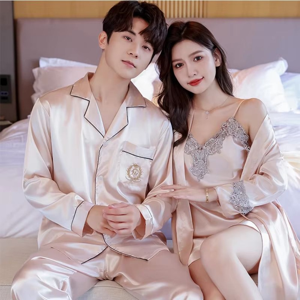 Luxury Silk Satin Couples Nightwear Set Women Sexy Nightdress With Men Long Sleeve Pants Robe Sle 1