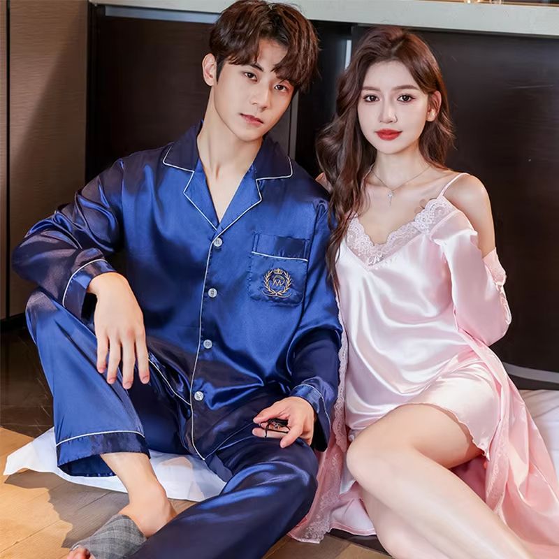 Luxury Silk Satin Couples Nightwear Set Women Sexy Nightdress With Men Long Sleeve Pants Robe Sle 12