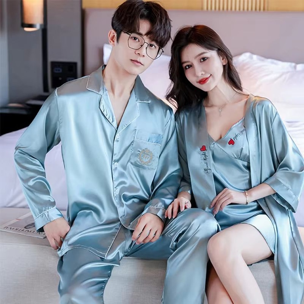 Luxury Silk Satin Couples Nightwear Set Women Sexy Nightdress With Men Long Sleeve Pants Robe Sle 15