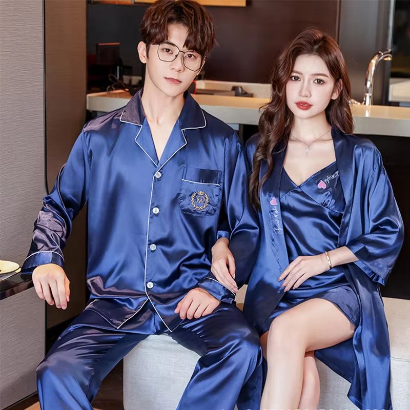 Luxury Silk Satin Couples Nightwear Set Women Sexy Nightdress With Men Long Sleeve Pants Robe Sle 16
