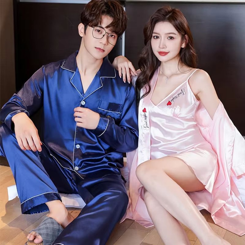 Luxury Silk Satin Couples Nightwear Set Women Sexy Nightdress With Men Long Sleeve Pants Robe Sle 18