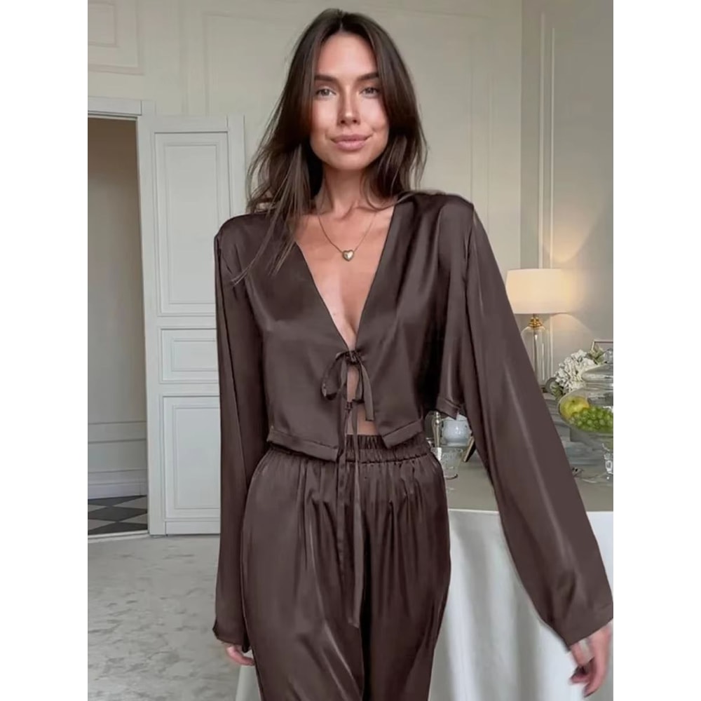 Blubelle Satin Tie Cardigan Pajama Set For Women Two Piece Long Sleeve Lounge Set With Loose Pants 2