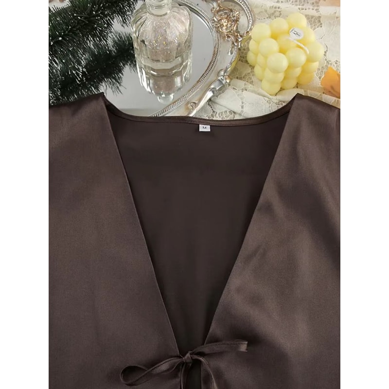 Blubelle Satin Tie Cardigan Pajama Set For Women Two Piece Long Sleeve Lounge Set With Loose Pants 4