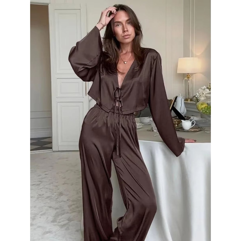 Blubelle Satin Tie Cardigan Pajama Set For Women Two Piece Long Sleeve Lounge Set With Loose Pants 6
