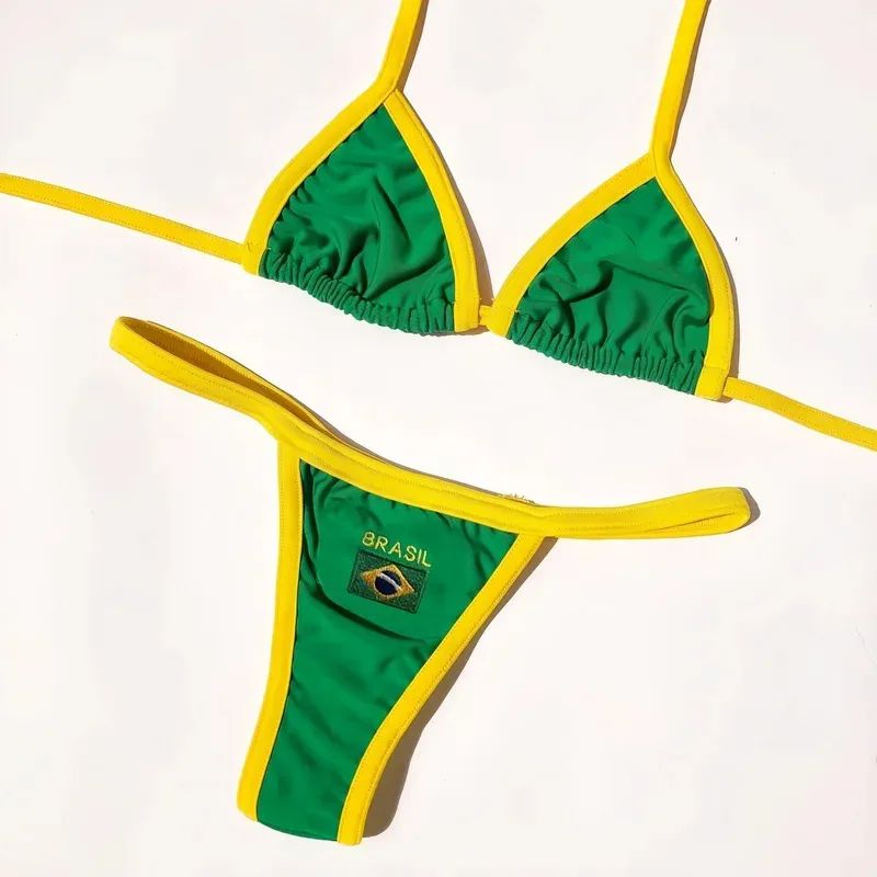 Brazil Flag Embroidery Contrast Bikini Set Women Swimwear 0