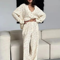 muzuleva 100% cotton printed cardigan pajama set for women