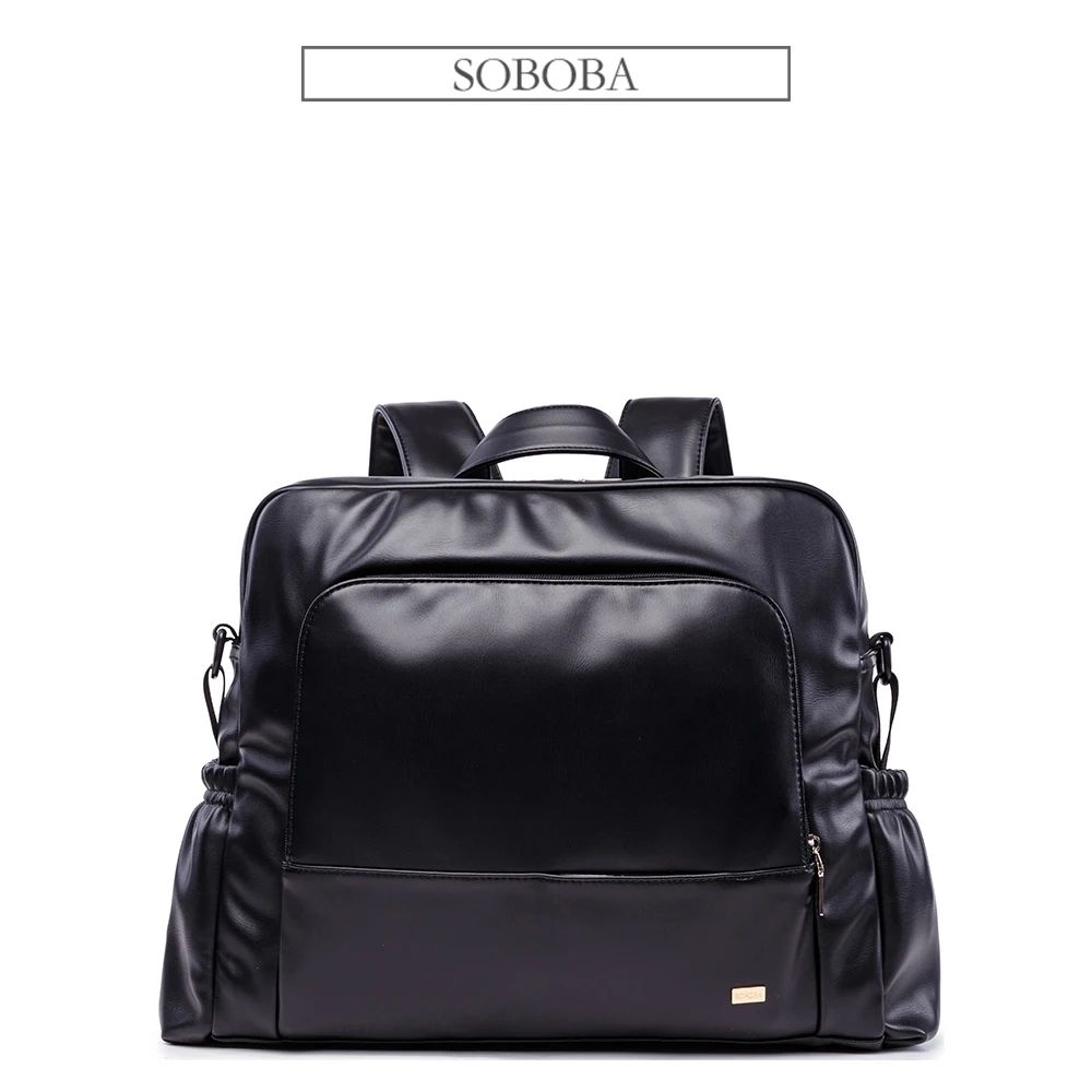 Soboba Waterproof Black Leather Diaper Bag Backpack For Moms 5
