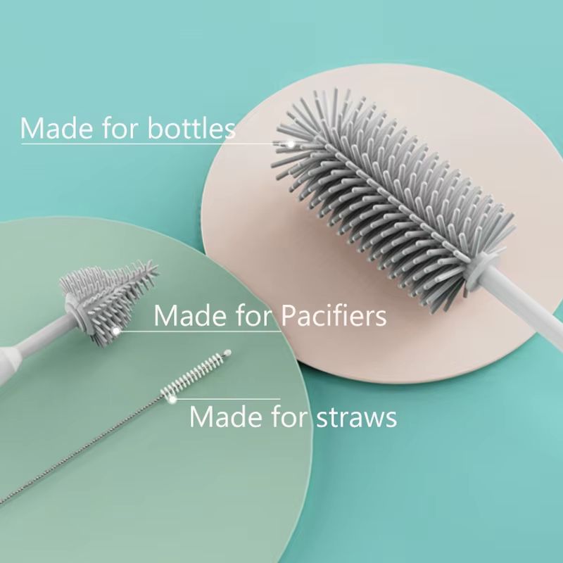 360 Rotation 3in1 Silicone Baby Bottle Cup Pacifier Straw Cleaning Brush Set 1