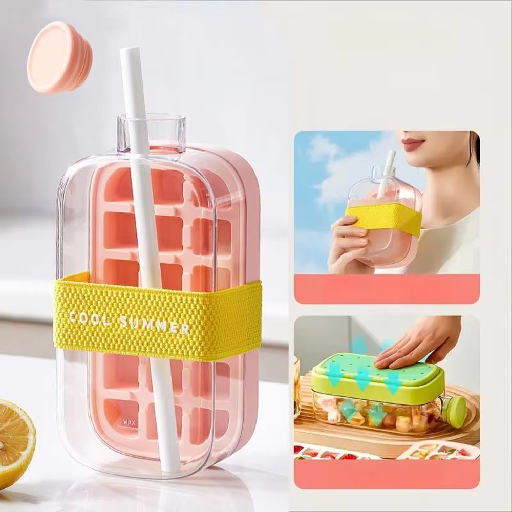 Silicone Ice Cube Tray With Lid NoSpill Design Straws And Cable Tie Mold For Freezer 6
