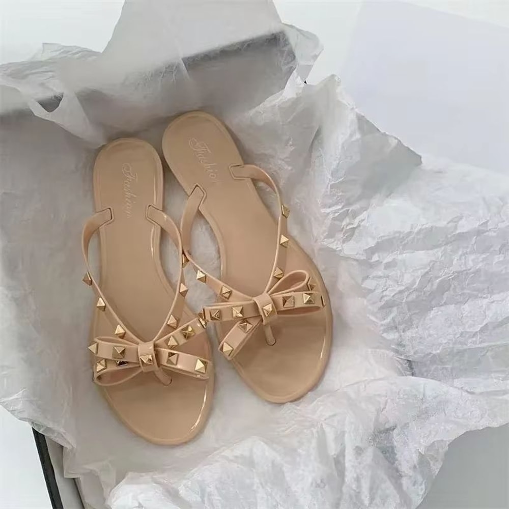 CrystalClear Bow Jelly Flip Flops For Women Rivet Detail Beach Slippers 1