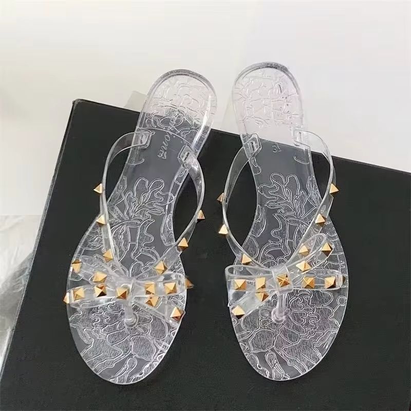 CrystalClear Bow Jelly Flip Flops For Women Rivet Detail Beach Slippers 3