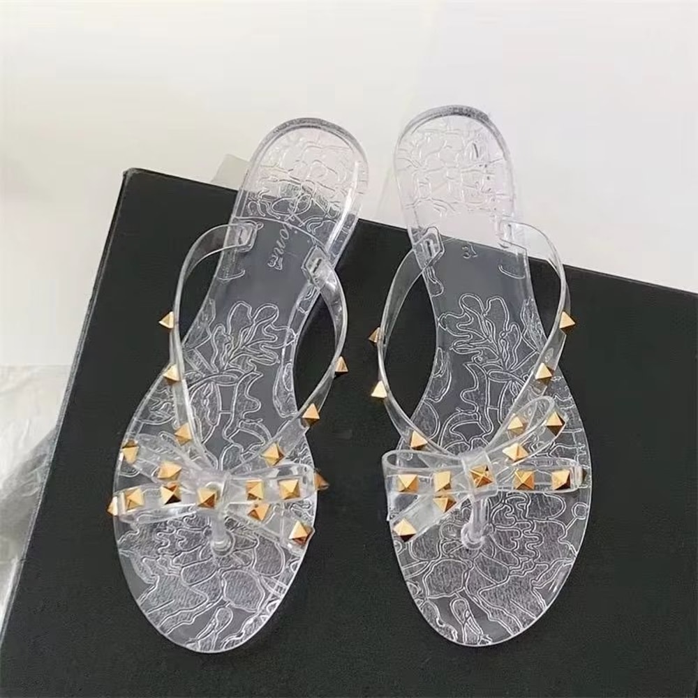 CrystalClear Bow Jelly Flip Flops For Women Rivet Detail Beach Slippers 11