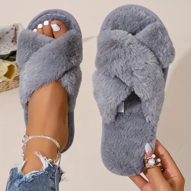 FuzzWave Womens CrossBand Furry Slides Plush EVA Light Slippers 16