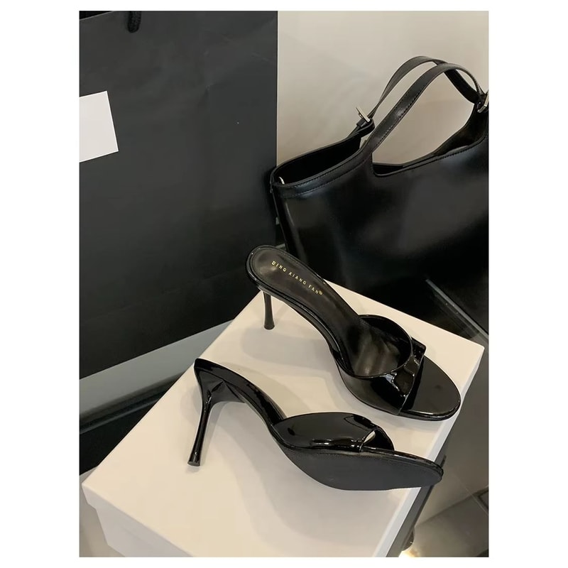 VelvetLuxe Patent Leather High Heel Slides Sexy Thin Open Toe Pumps For Women 10